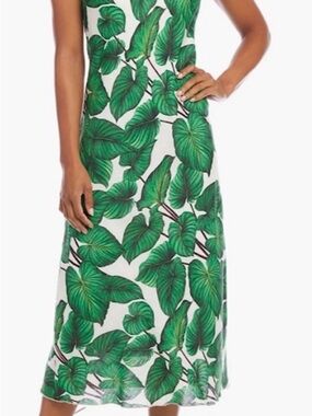 Karen Kane Linen Green Leaf Print Sleeveless Midi Dress